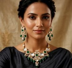Handcrafted Emerald Elegance Kundan Necklace Set with Pearl Detailing